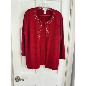Alfred Dunner Sz L Red‎ 3/4 Sleeve 2fer Sparkle Bejeweled Cardigan and Tank Top